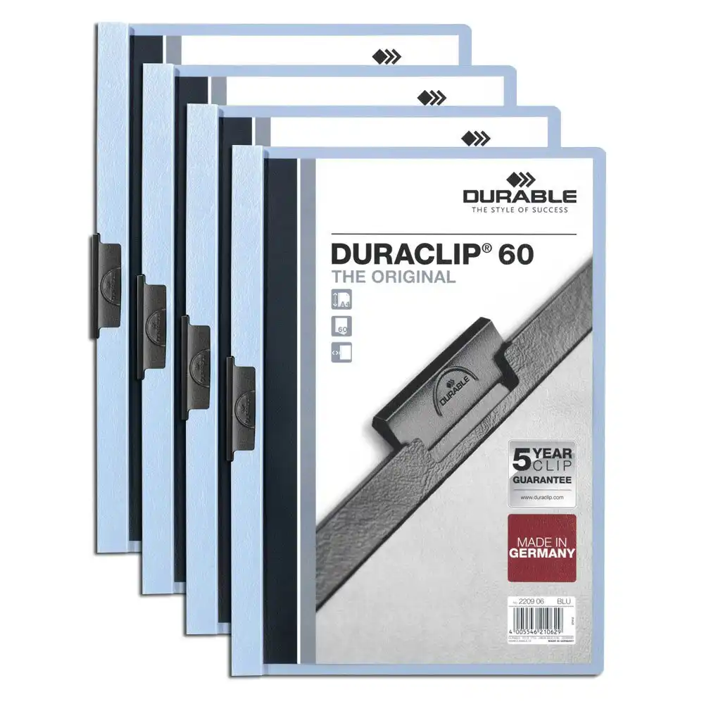 4x Durable Duraclip 60-Sheet A4 Document Folder Stationery Paper Organiser BLU