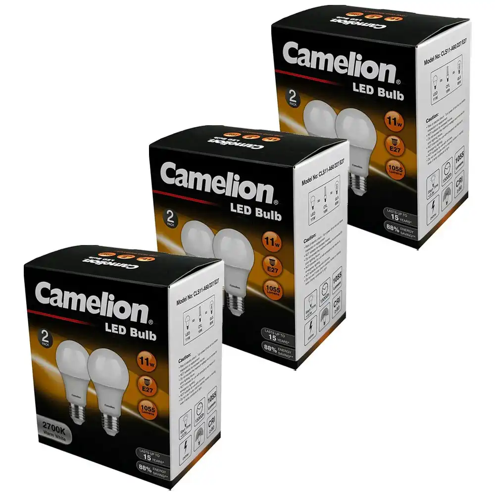 6pc Camelion LED Light Bulb E27 11W 240V Edison Globe 1055 Lumen 2700K Warm WHT