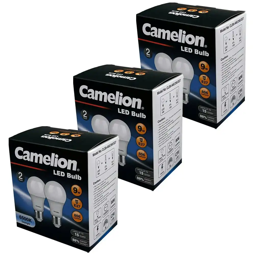 6pc Camelion LED Light Bulb E27 9W 240V Edison Cool Daylight 806 Lumens 6500K
