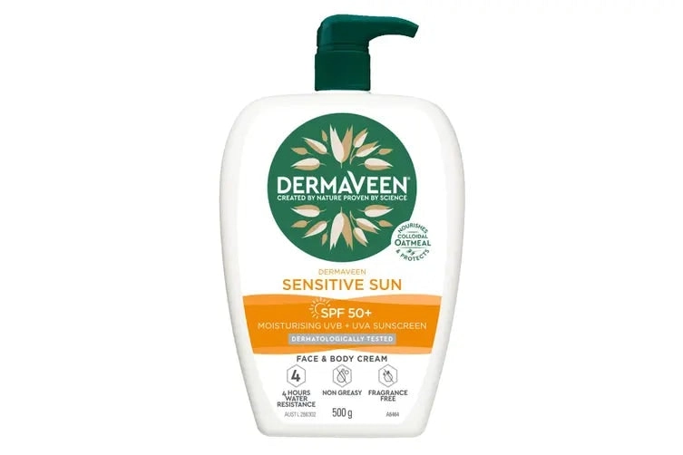 DermaVeen Sensitive Sun Spf 50+ Moisturising Uvb + Uva Sunscreen Face & Body Cream Pump Pack 500g