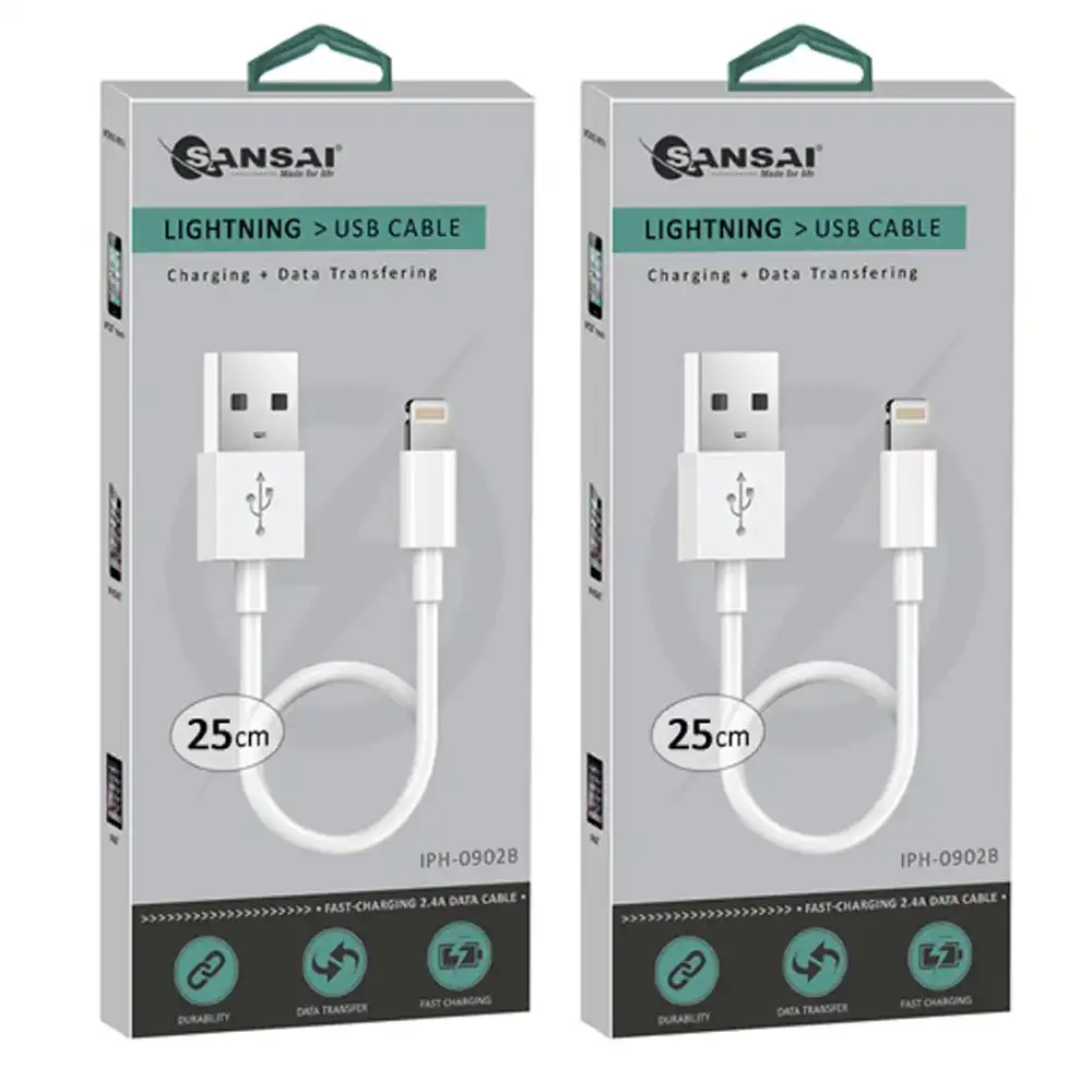 2x Sansai USB Charging/Data Sync Cable Cord 25cm Compatible With Apple/iPhone WT