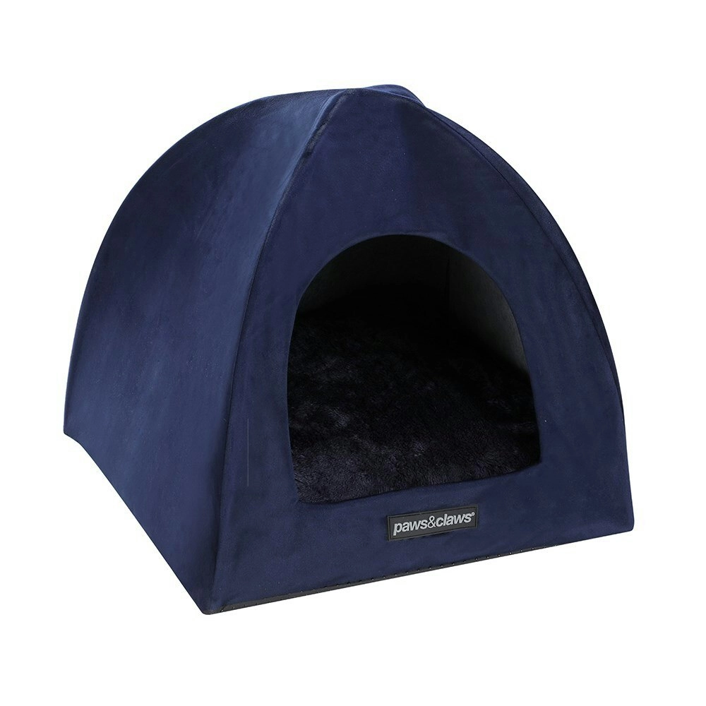 Paws N Claws Lux Velvet Foldable Pet Cat Cave 38x35cm Soft Plush Cushion Navy