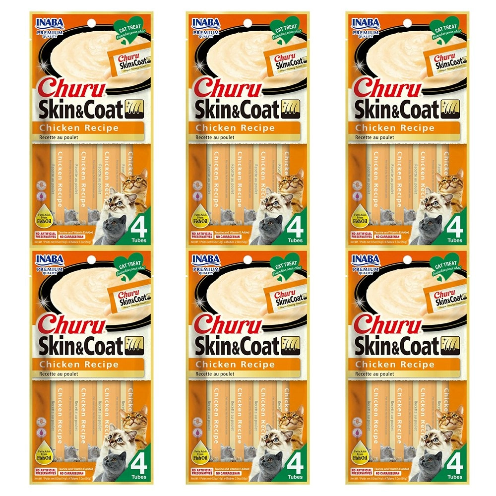 6PK INABA Churu Puree Skin & Coat Chicken Recipe Cat/Kitten Pet Food/Treat Pack