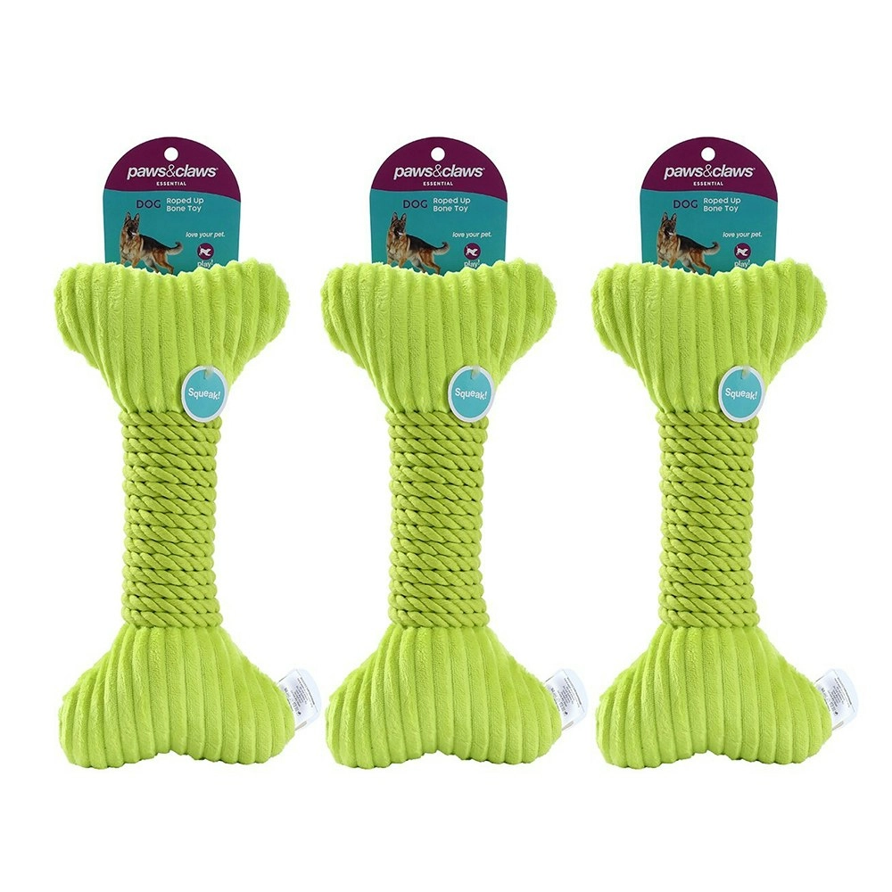 3x Paws & Claws 30x14cm Roped-Up Plush Bone Squeaker Pet/Dog Fun Play Toy Green