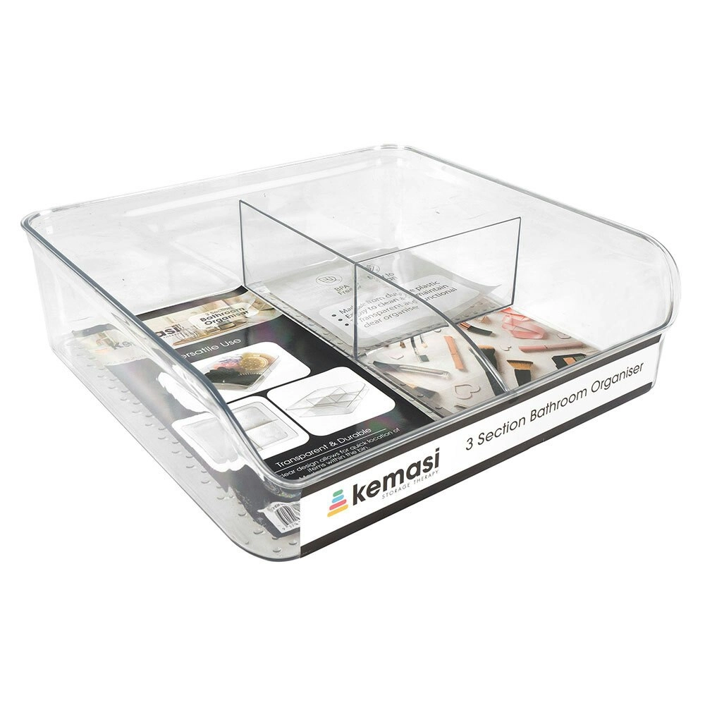 Kemasi Clear Bathroom Sink Top Storage Organiser Caddy 3 Compartments 29x28cm