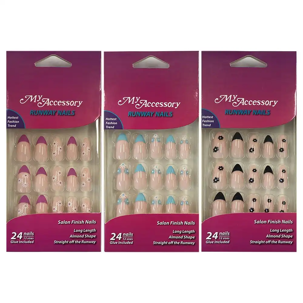 72pc My Accessory Runway Fashion Almond Artificial Fake Glue On Nails Assorted