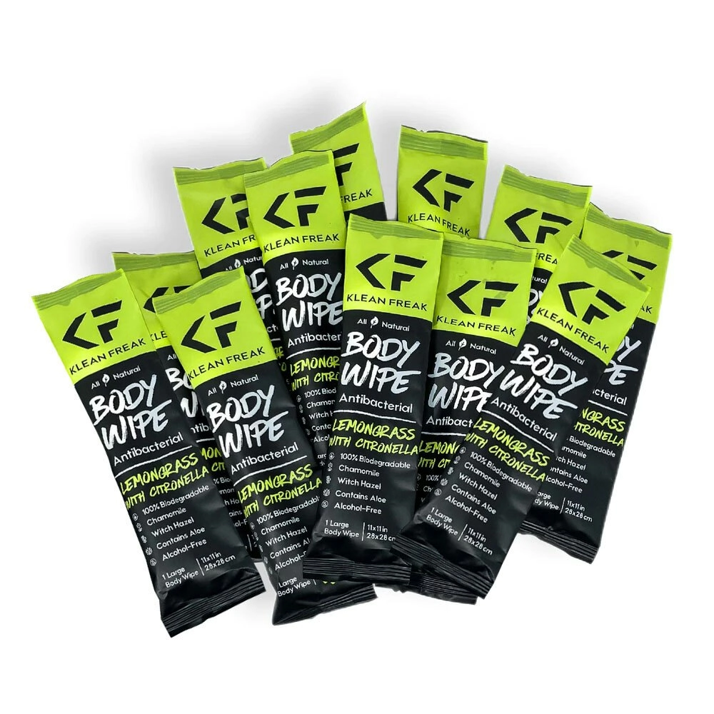 12pc Klean Freak Body Wipes Pocket Shower 28x28cm Lemongrass With Citronella