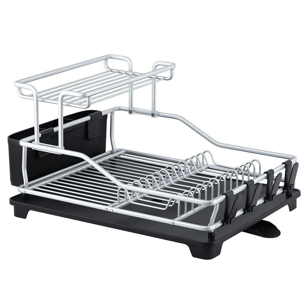 D.Line Pinnacle 52cm Aluminium 2-Tier Dish Rack Storage Organiser w/ Drain Black