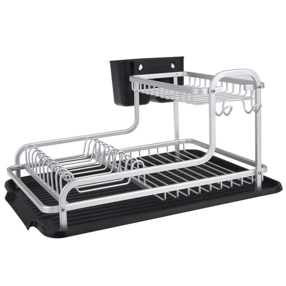 D.Line 2-Tier Aluminium 40cm Dish Rack Storage Organiser w/ Draining Board Black