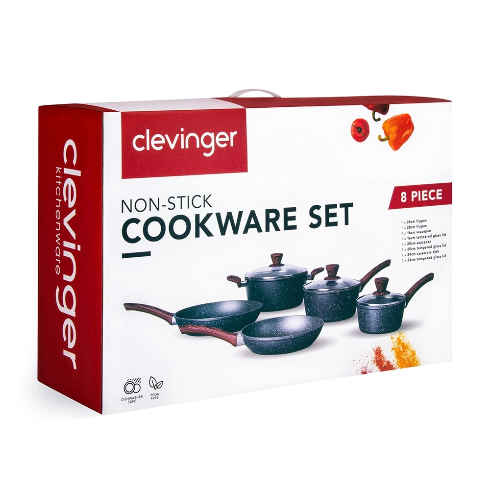 8pc Clevinger 28cm/24cm/20cm Forged Aluminium Non-Stick Round Cookware Set Black