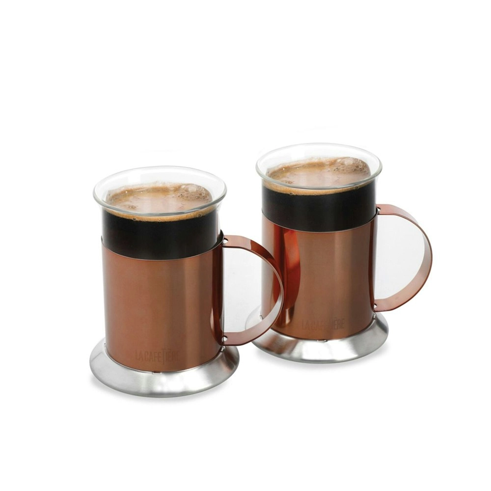 2pc La Cafetiere 300ml Stainless Steel Glass Coffee Mug Drink Cup Set Copper