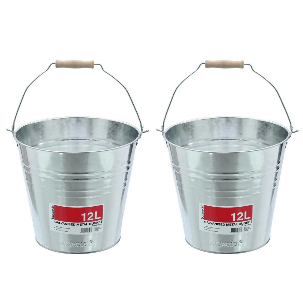 2x Boxsweden 12L/30cm Metal Bucket Laundry Storage/Container w/ Wood Handle SLV