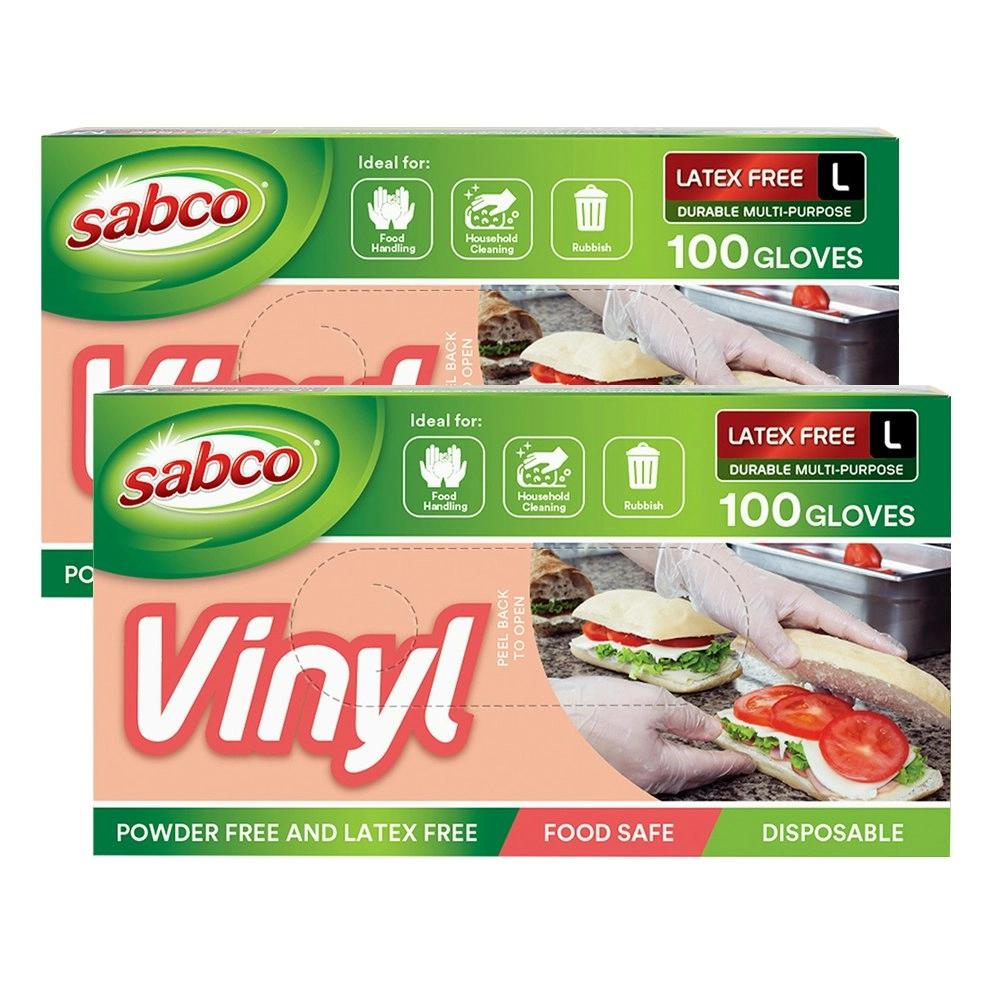 200pc Sabco Multi-Purpose 23cm Disposable Vinyl Latex-Free Gloves Large White