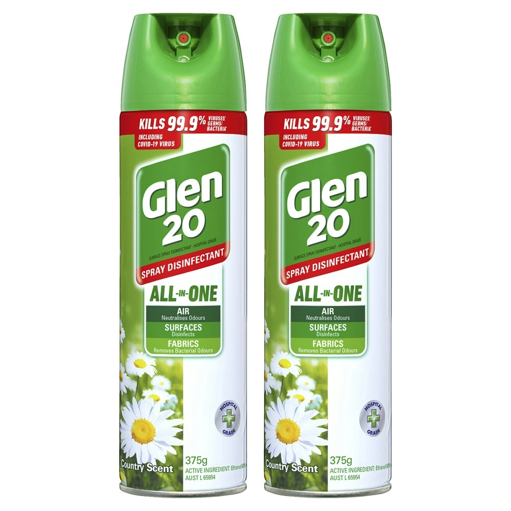 2x Glen 20 All-In-One 375g Air Spray Disinfectant Deodoriser Odour Neutraliser