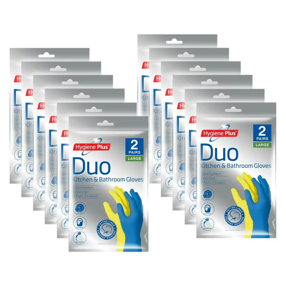 12x Pairs Hygiene Plus Duo Size L Kitchen/Bathroom Latex Cleaning Gloves Asstd