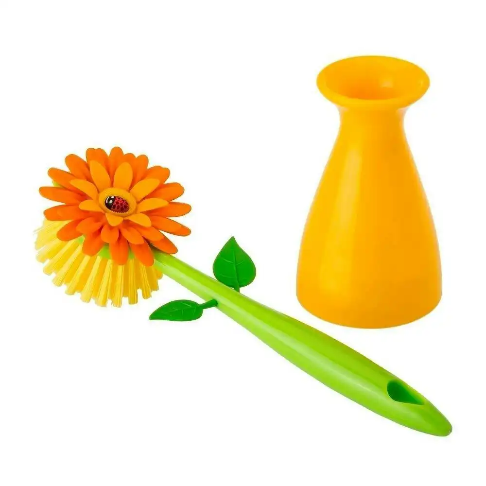 Vigar Flower Power Dish Brush Kitchen Plate/Bowl Cleaner Scrubber w/ Vase Orange