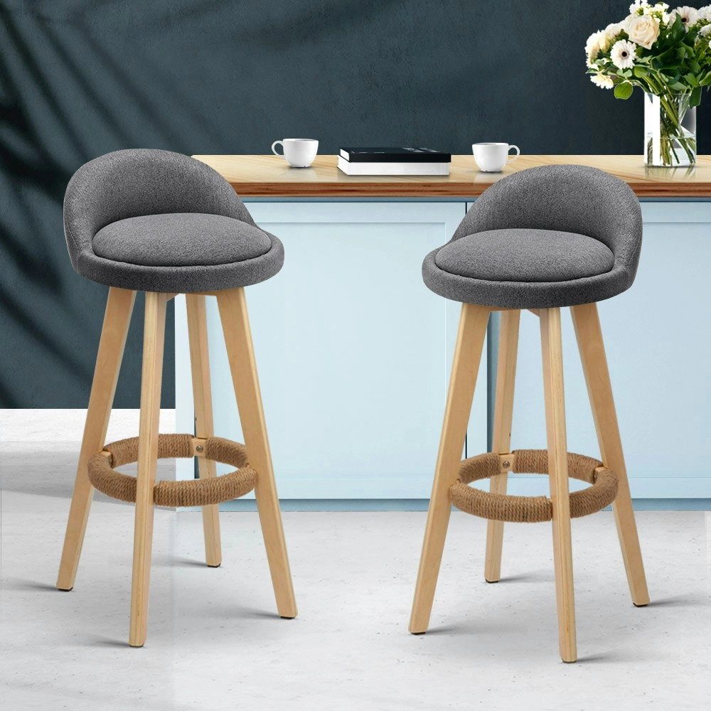 Artiss 2x Bar Stools Padded Linen Wooden Grey