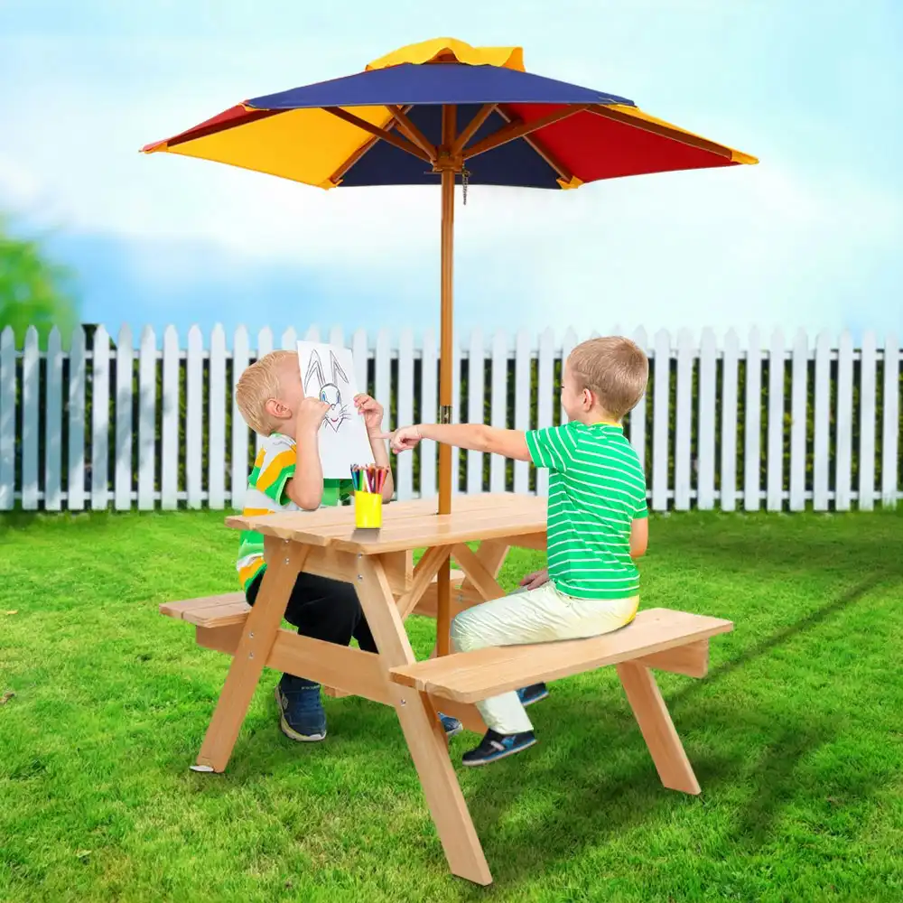 Keezi Kids Outdoor Table and Chairs Wooden Picnic Bench Set Umbrella