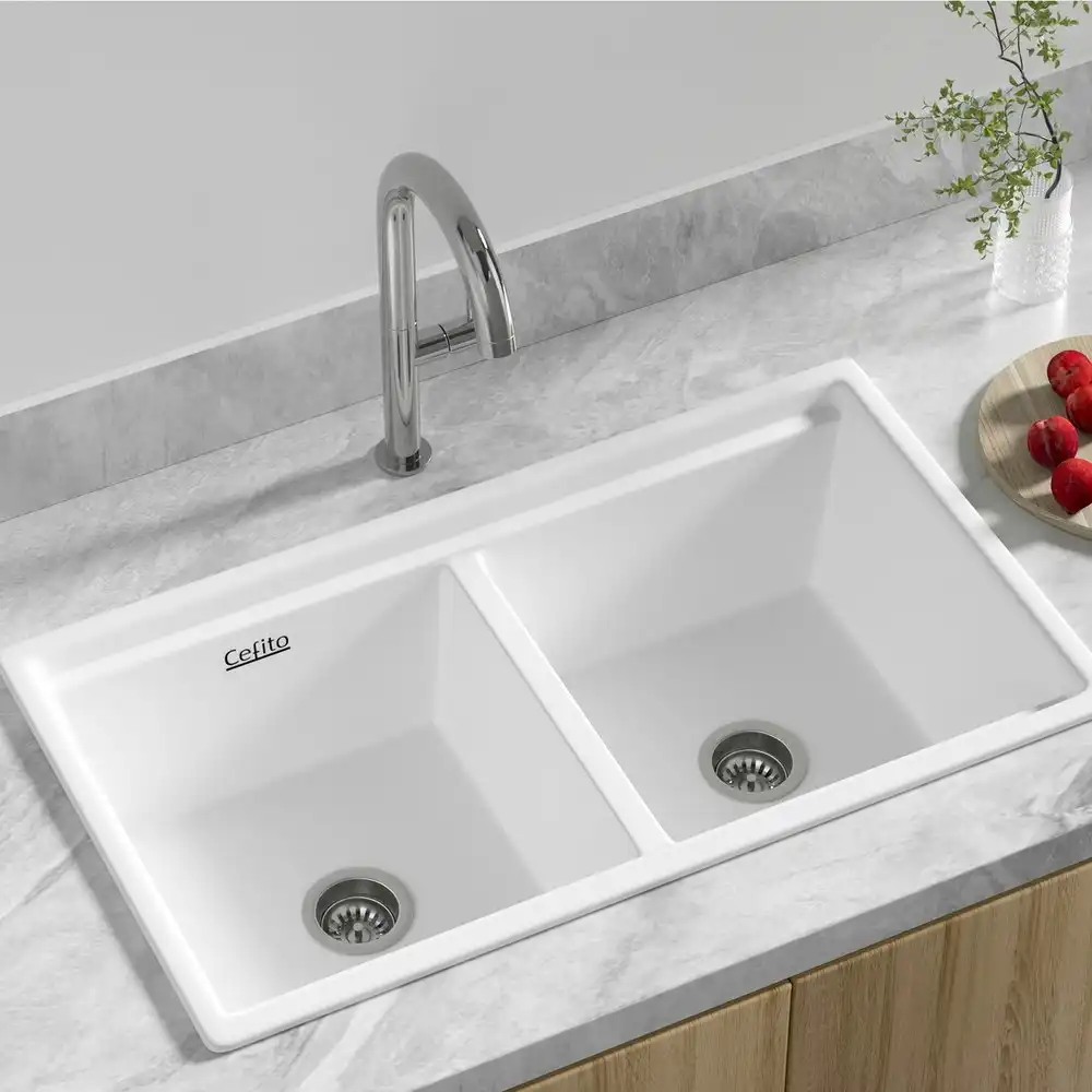 Cefito Kitchen Sink Stone Sink Granite Laundry Basin Double Bowl 79cmx46cm White