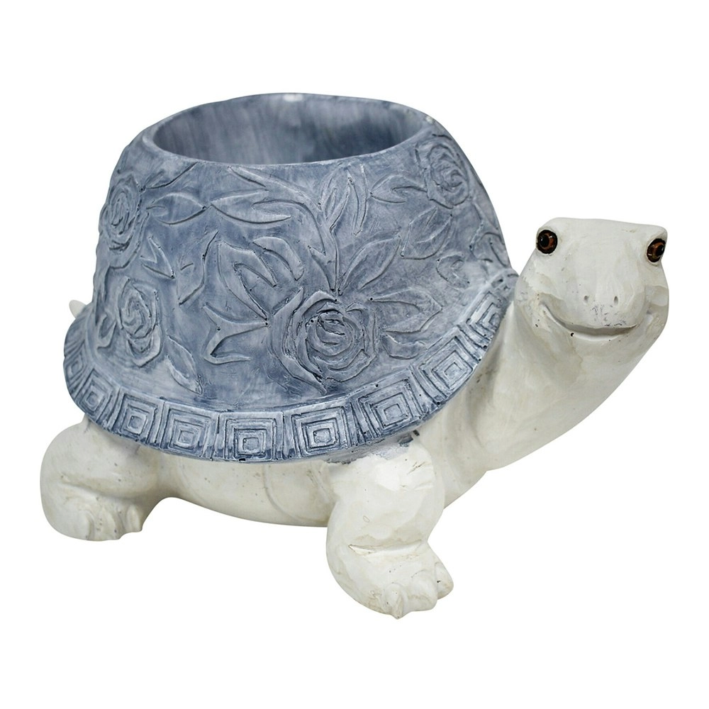 Resin 25cm Turtle Planter Home Decorative Figurine Ornament Holder Blue/White