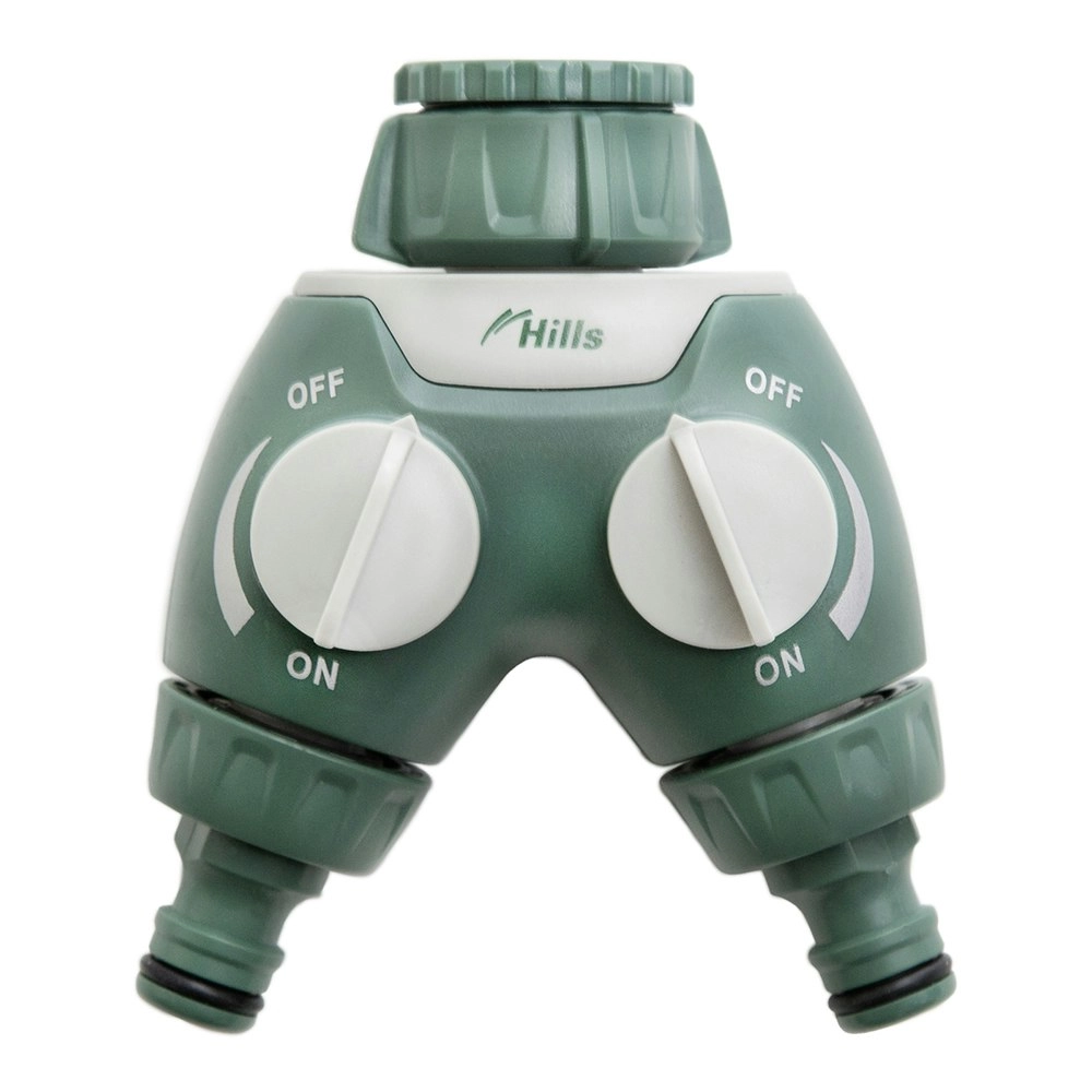 Hills Two Way Hose Tap Adaptor Outlet Connection Fitting Manifold Green/Grey