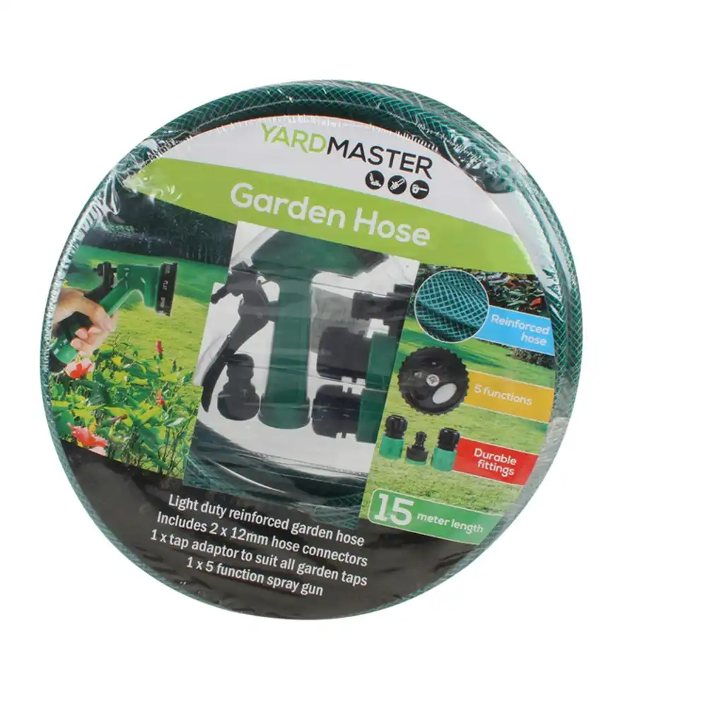 Yard Master 12m Outdoor Garden Water Hose w/ 5-Head Spray Gun & Connectors Green