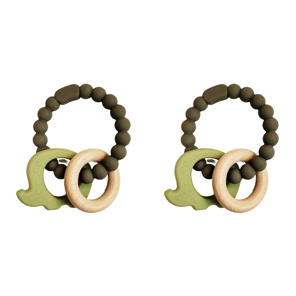 2x Urban Elephant 14cm Silicone Teether Ring Baby/Infant Chew Toy Green/Natural