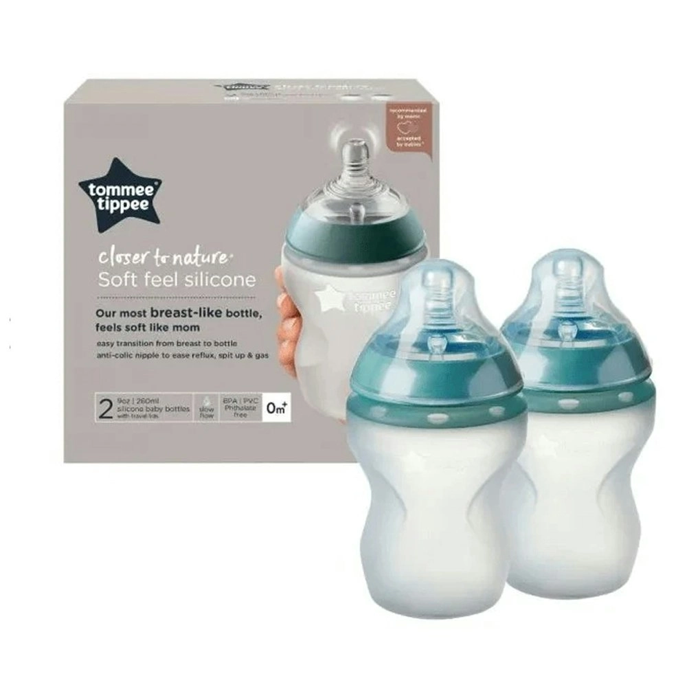 2pc Tommee Tippee 260ml Baby Soft Silicone Feeding Bottle Slow Flow w/Lid 0m+