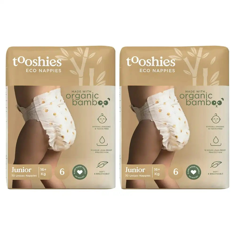60pc Tooshies Organic Bamboo Junior Nappies Unisex Breathable Pants 16kg+ Size 6