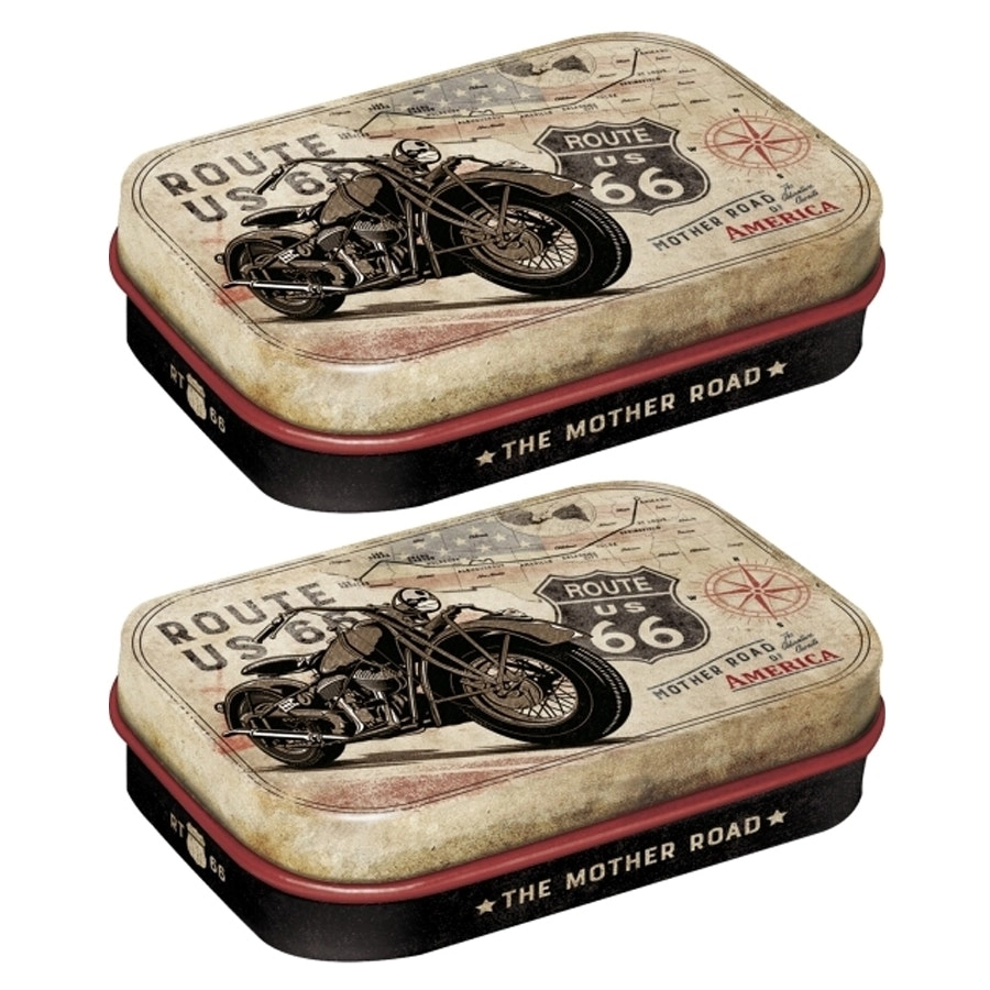 2x Nostalgic Art 6cm Metal Tin Mint Box Route 66 Bike Map Fresh Breath Candy