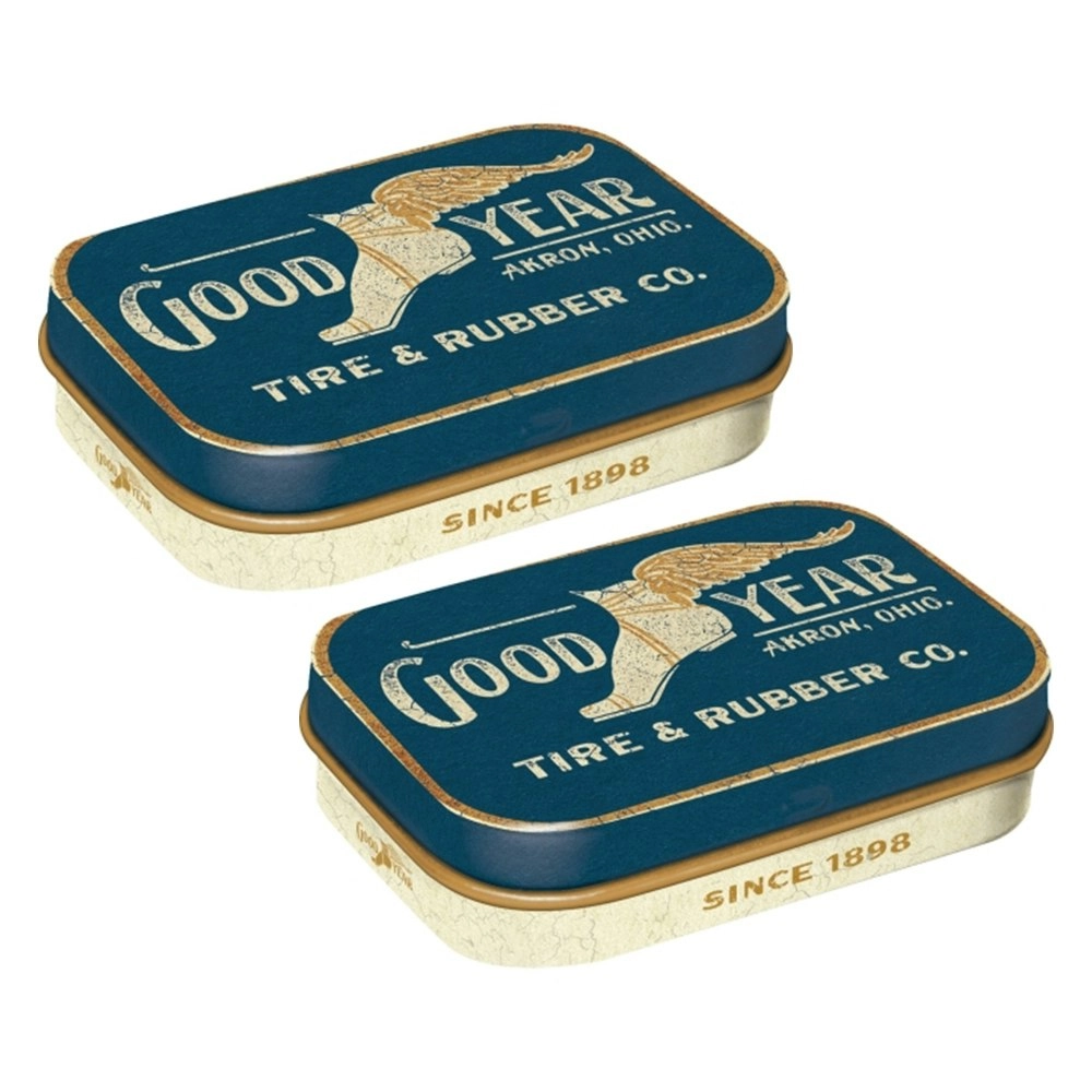 2x Nostalgic Art 4x6cm Metal Mint Box Sugar-Free Goodyear Wing Foot Logo 1901