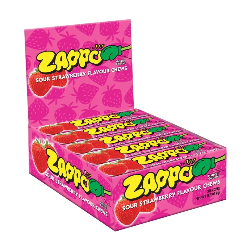 30pc Zappo Flavoured Confectionery/Lolly Chews Sour Strawberry Flavour 29g