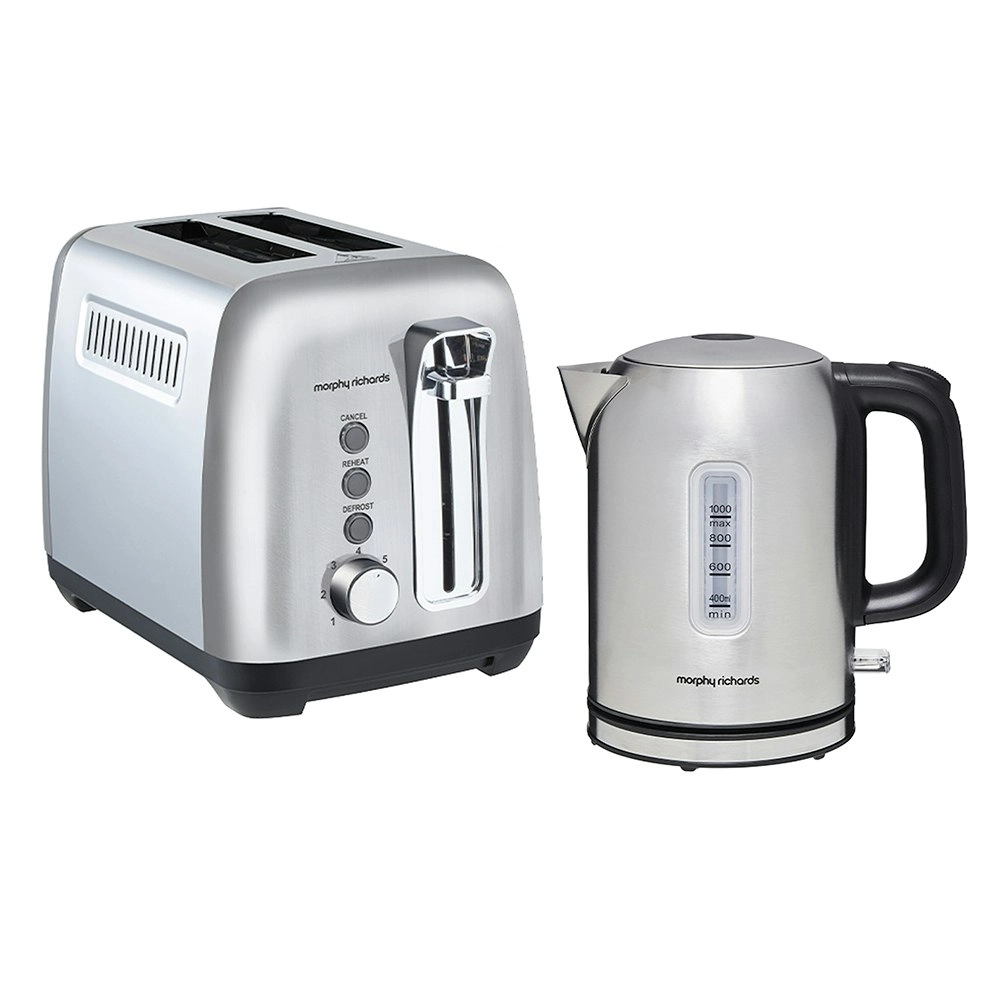 Morphy Richards Equip 1L Kettle MREK1SS & 2 Slice Toaster MREK1B Set Silver