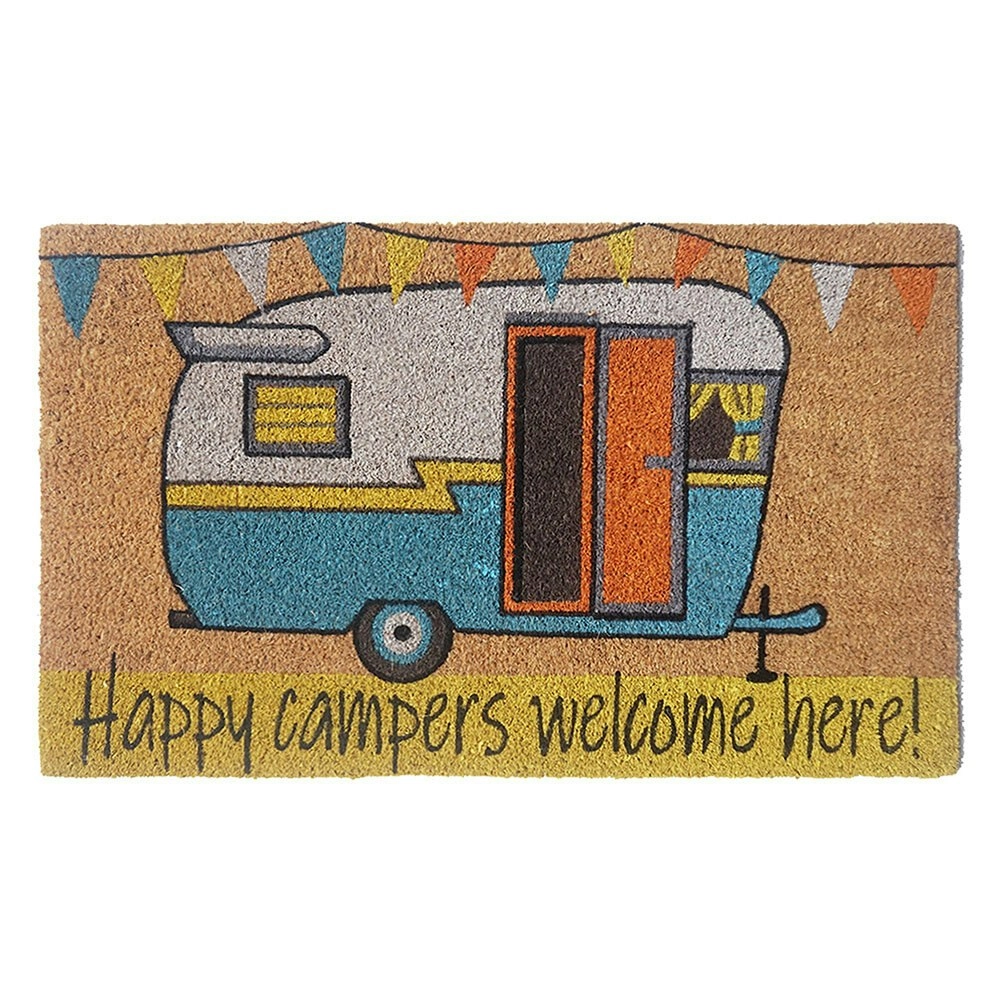 Solemate PVC Backed Coir Happy Camper 45x75cm Slim Outdoor Stylish Doormat