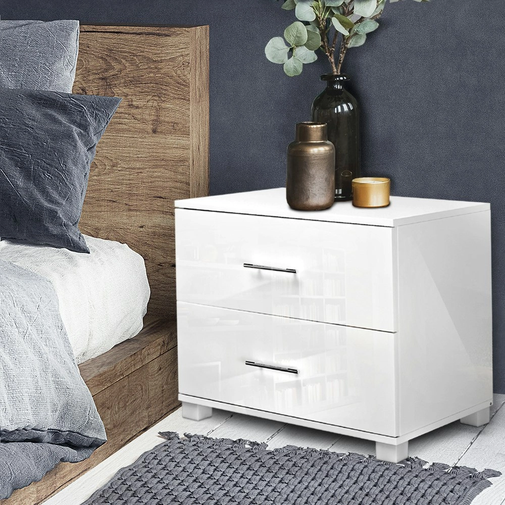 Artiss Bedside Table 2 Drawers High Gloss - White