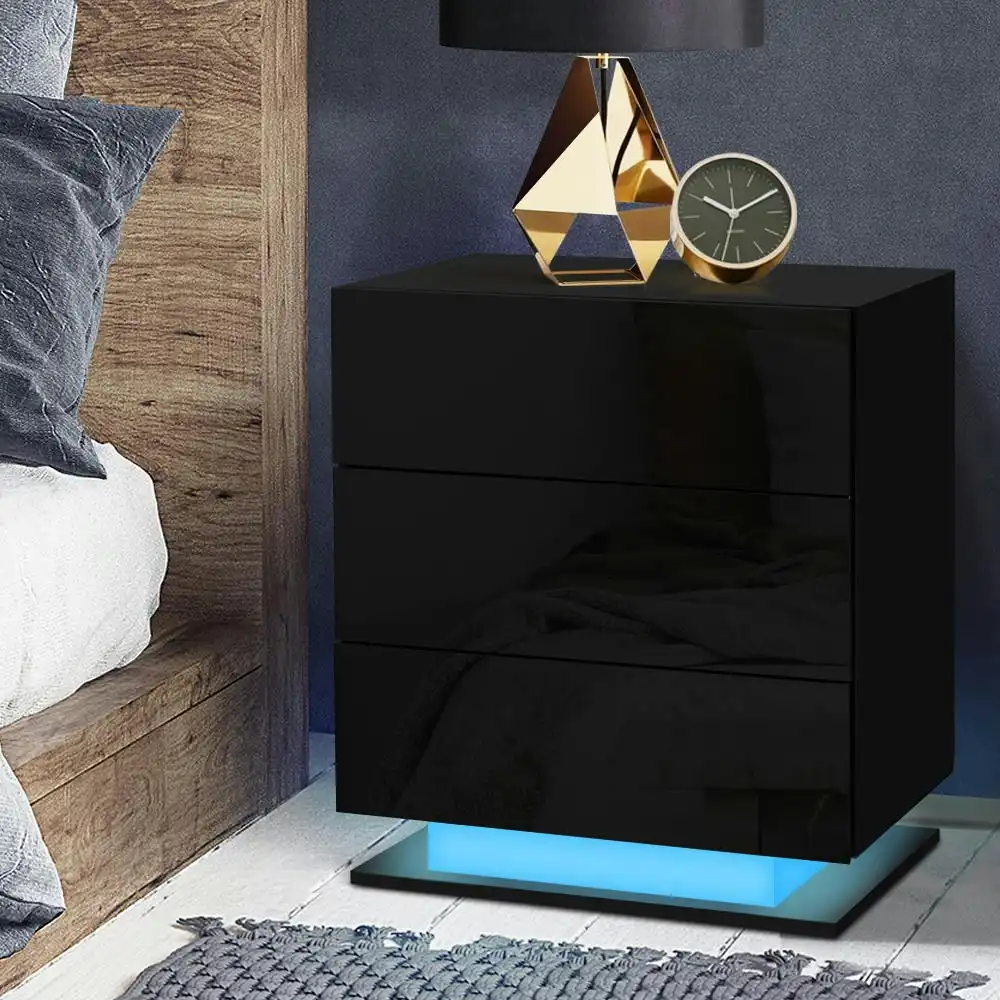 Artiss Bedside Table LED 3 Drawers - MORI Black