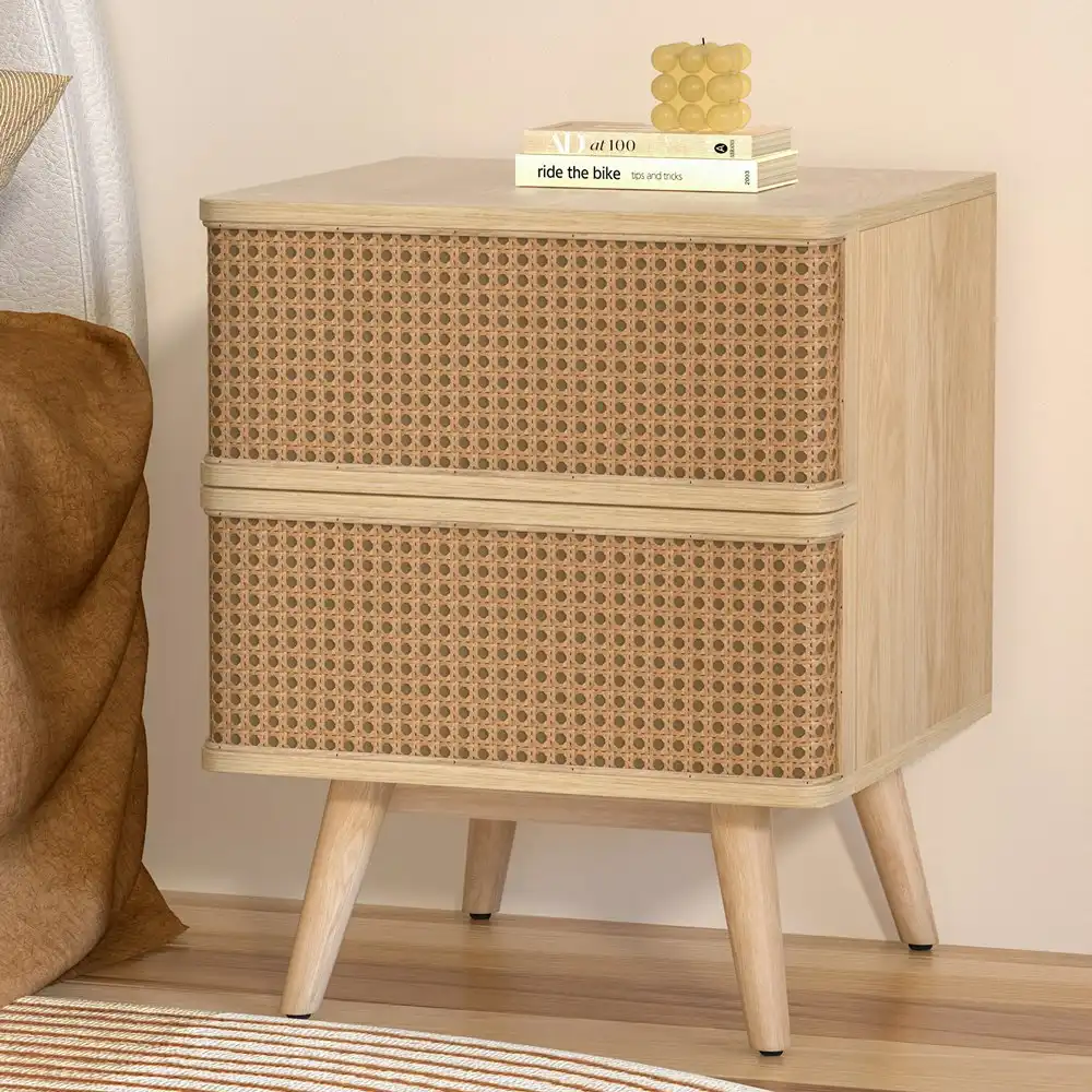 Artiss Bedside Table Rattan 2 Drawers - NORA Pine