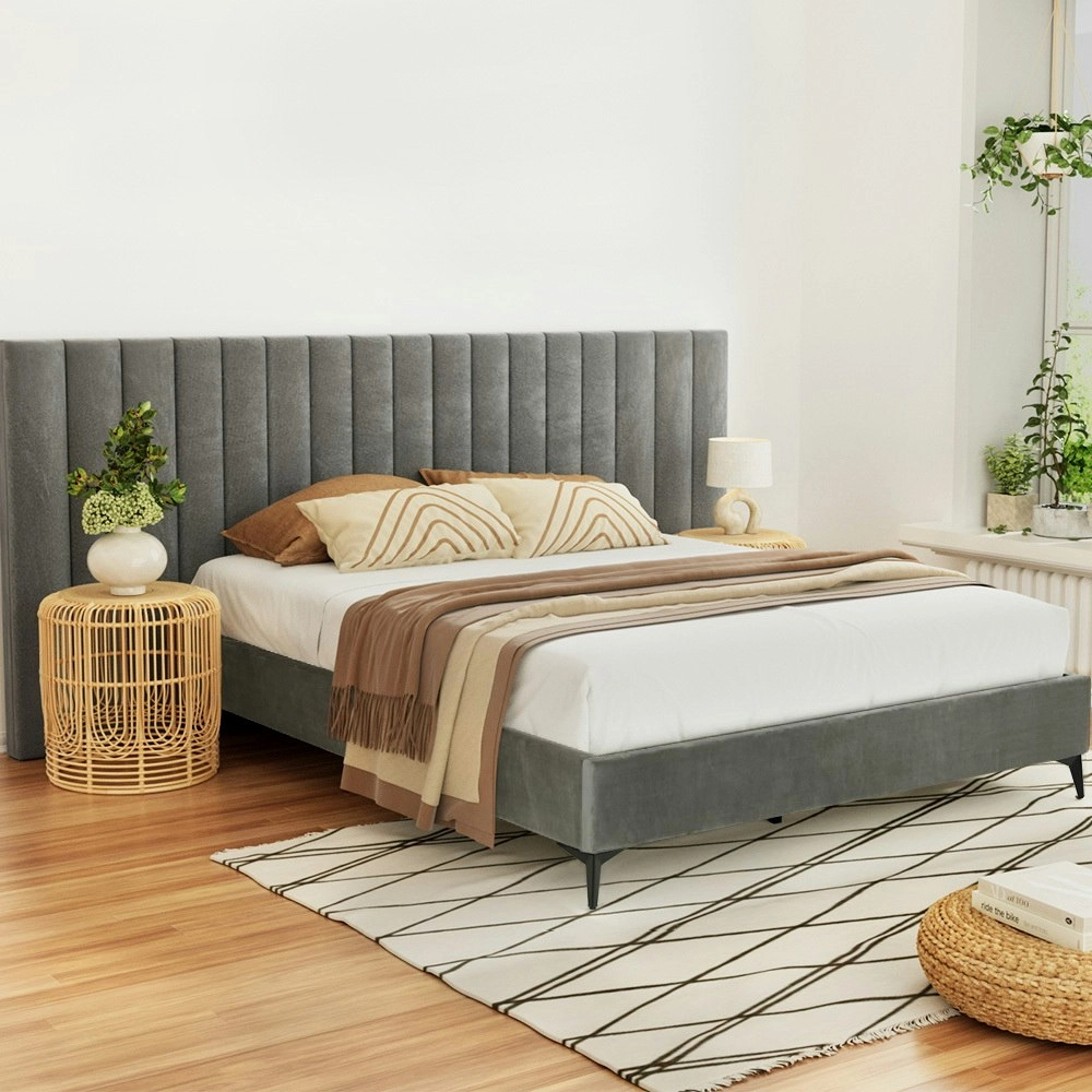 Artiss Bed Frame Queen Size Velvet Grey LOTT