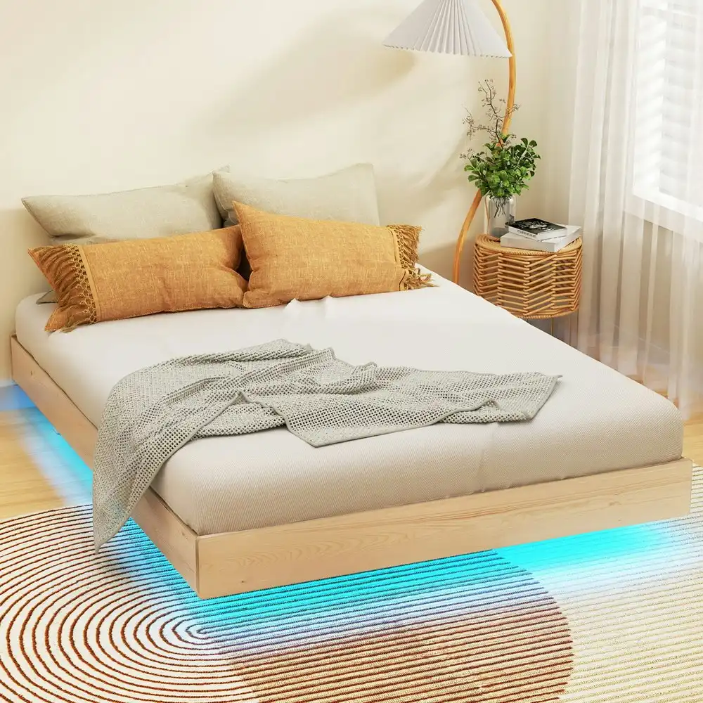 Artiss Bed Frame Queen Size Floating LED Wooden Bed Base ODIN