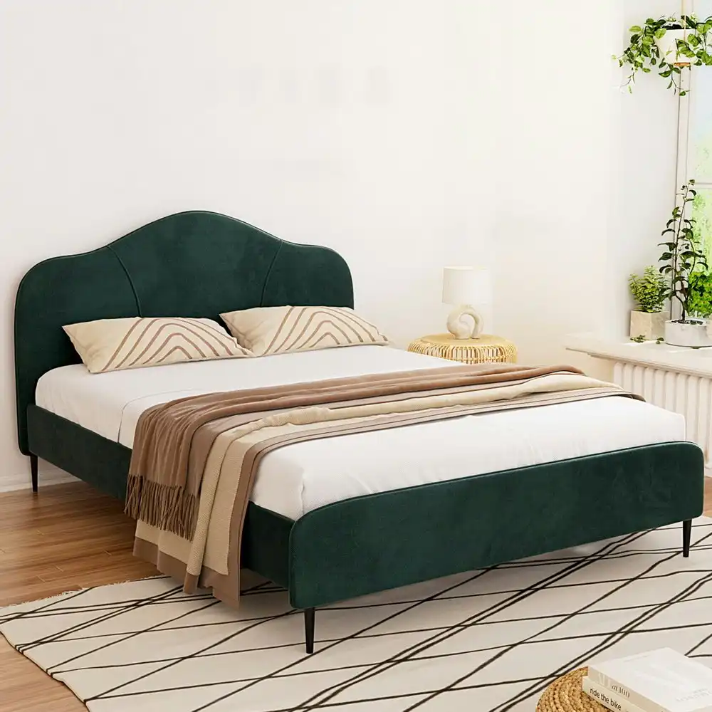 Artiss Bed Frame Queen Size Velvet Dark Green OLAN