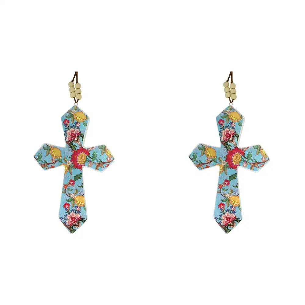 2x Ceramic Hanging 21.5cm Cross Vintage w/ Beads Ornament Home Room Decor Large