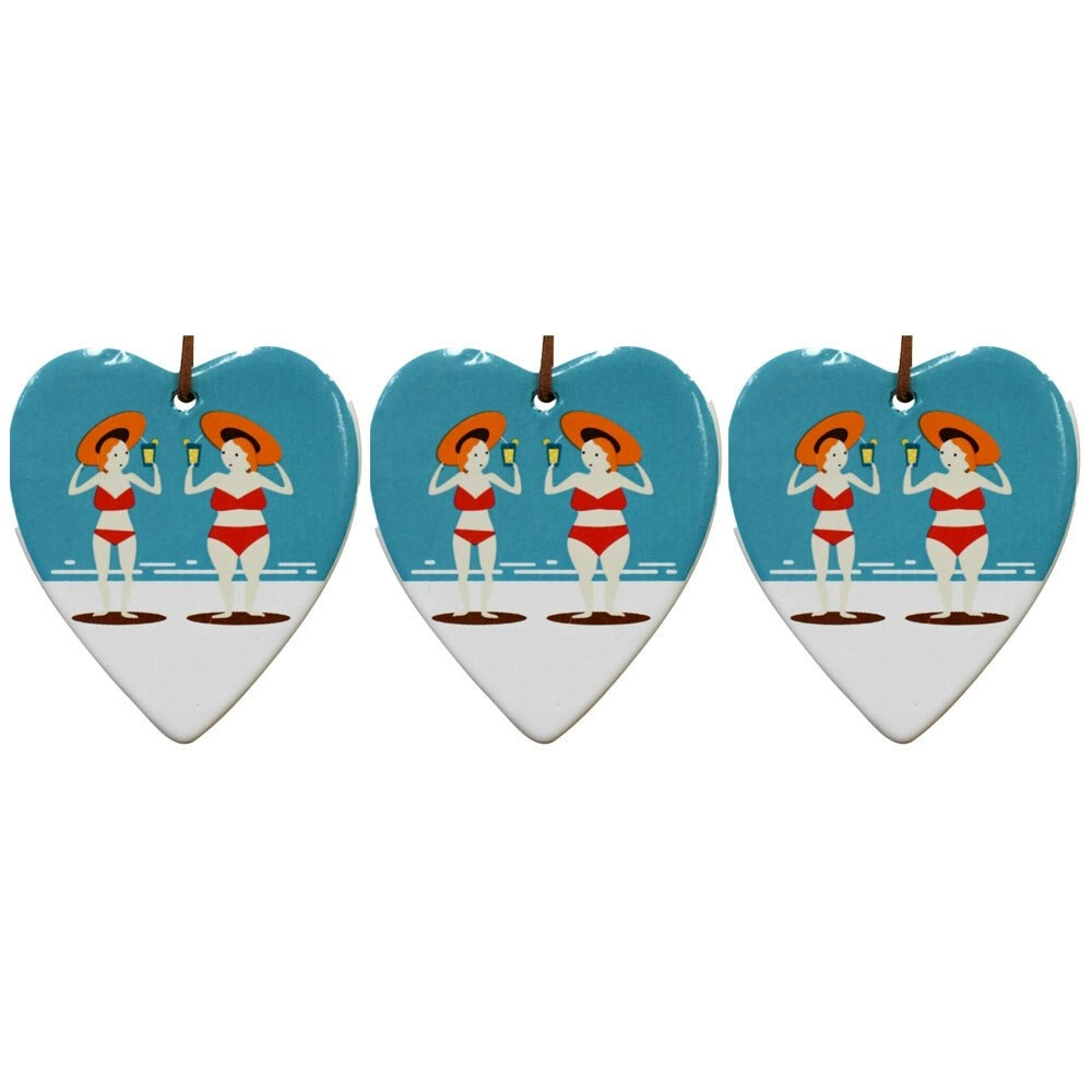 3x Ceramic Hanging 8x9cm Heart Partners Ornament w/Hanger Home/Office Room Decor