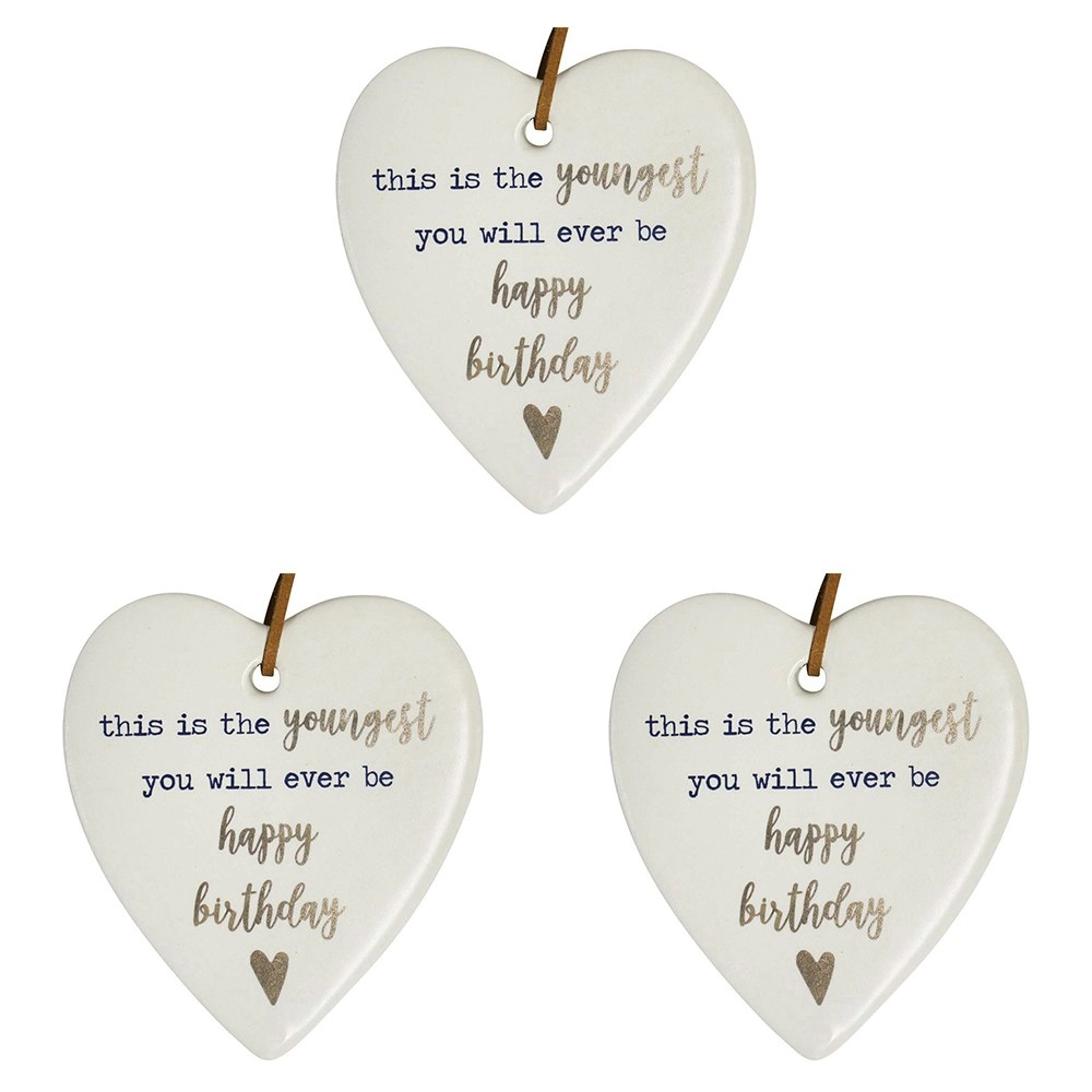 3x Ceramic Hanging 9cm Heart Youngest Birthday w/Hanger Ornament Home Room Decor