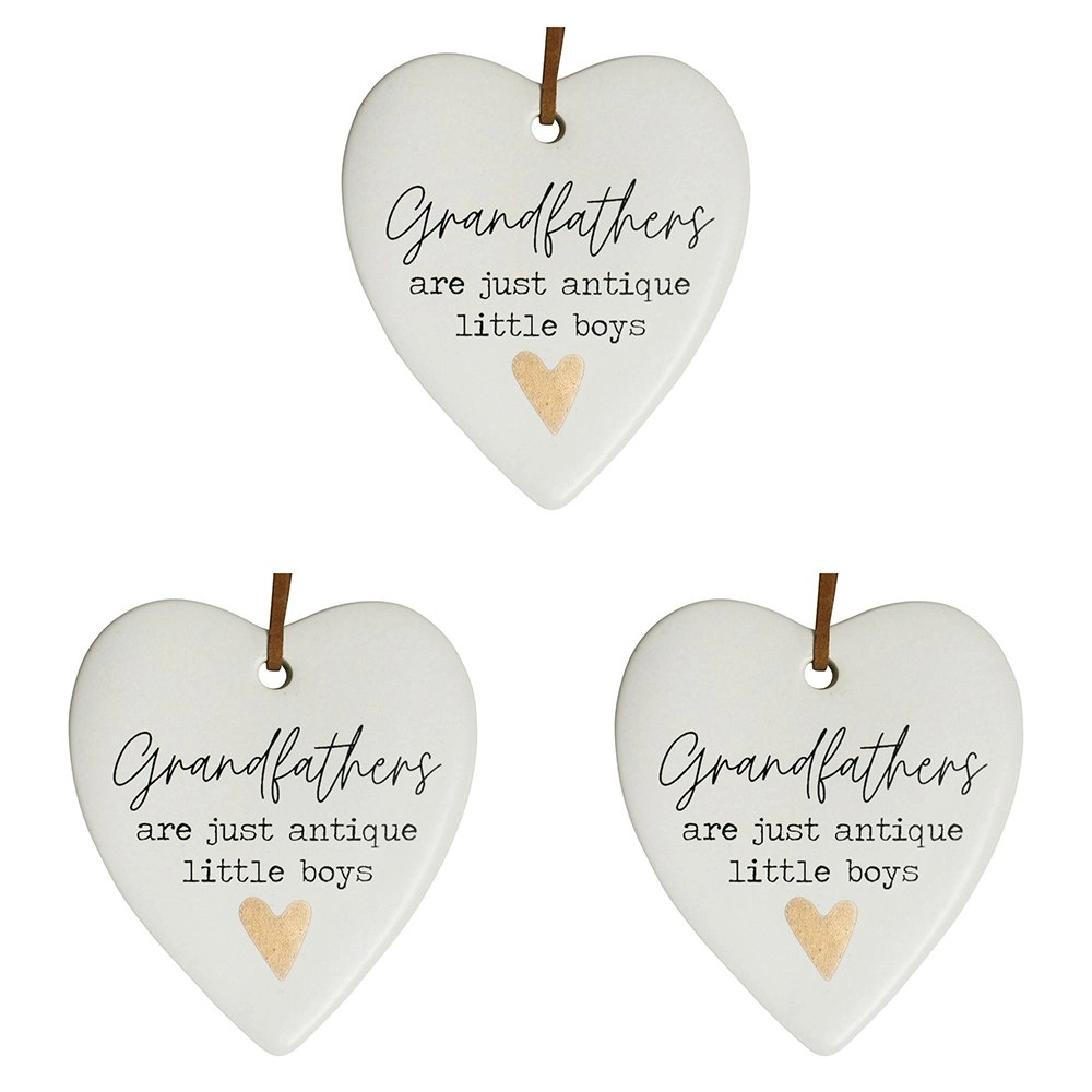 3x Ceramic Hanging 8x9cm Heart Grandfathers w/ Hanger Ornament Home/Office Decor