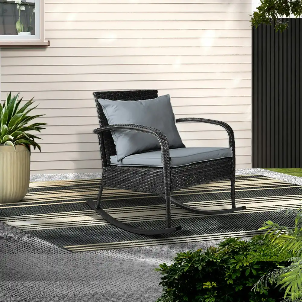 Gardeon Rocking Chair Wicker Outdoor Furniture Garden Patio Lounge Setting Black