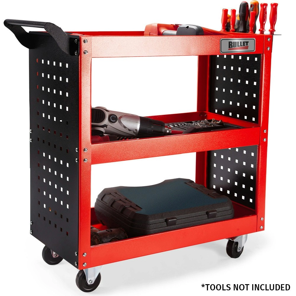 Bullet 3-Tier Steel Tool Trolley Cart for Workshop, Mechanic, with Pegboard, Screwdriver Bay, Red