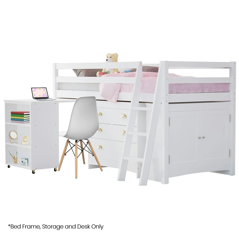 Kingston Slumber Wooden Kids Single Loft Bed Frame with Pull Out Desk, Storage Drawers, Cabinet - White