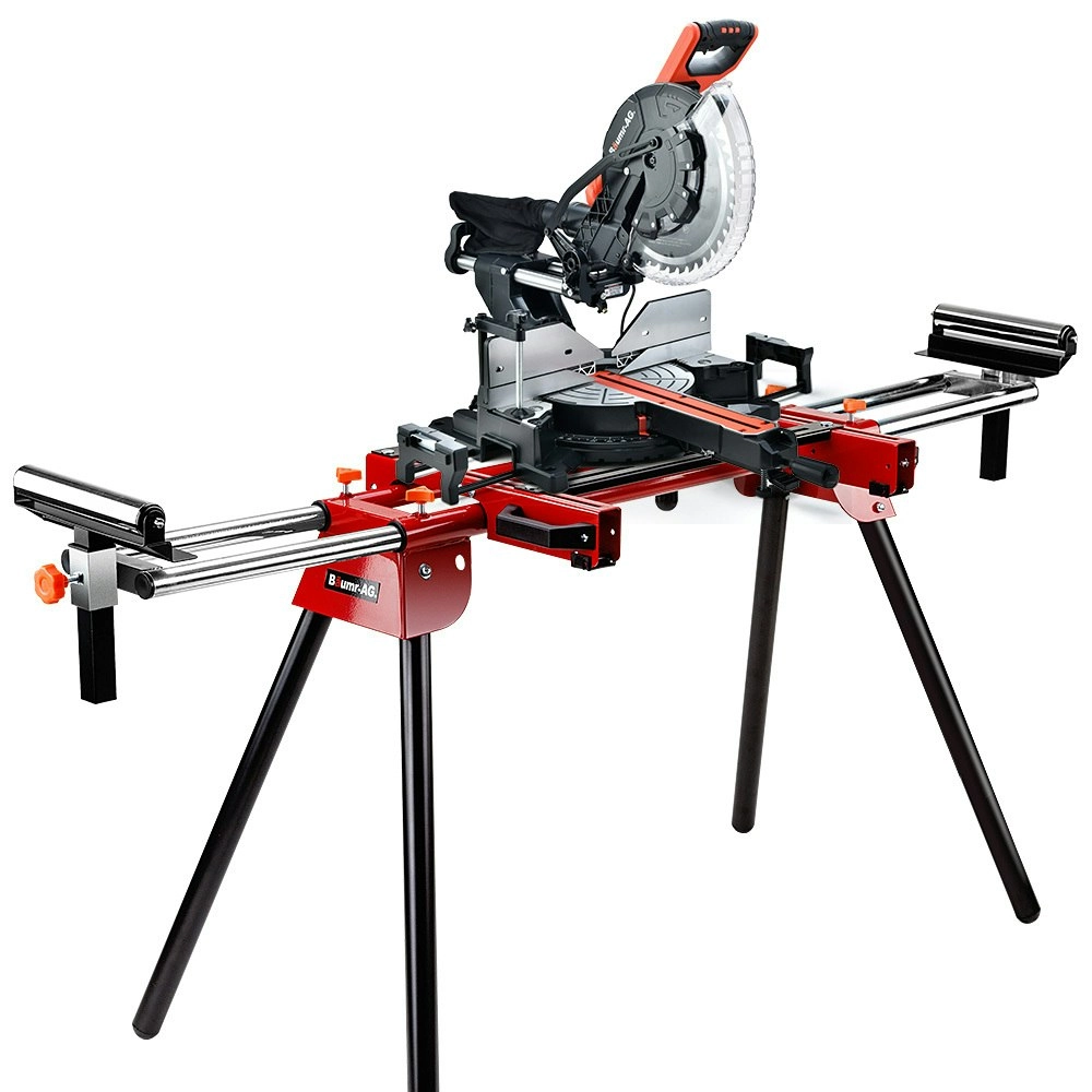 Baumr-AG 305mm Dual Bevel Sliding Compound Mitre Drop Saw and Adjustable Stand Combo