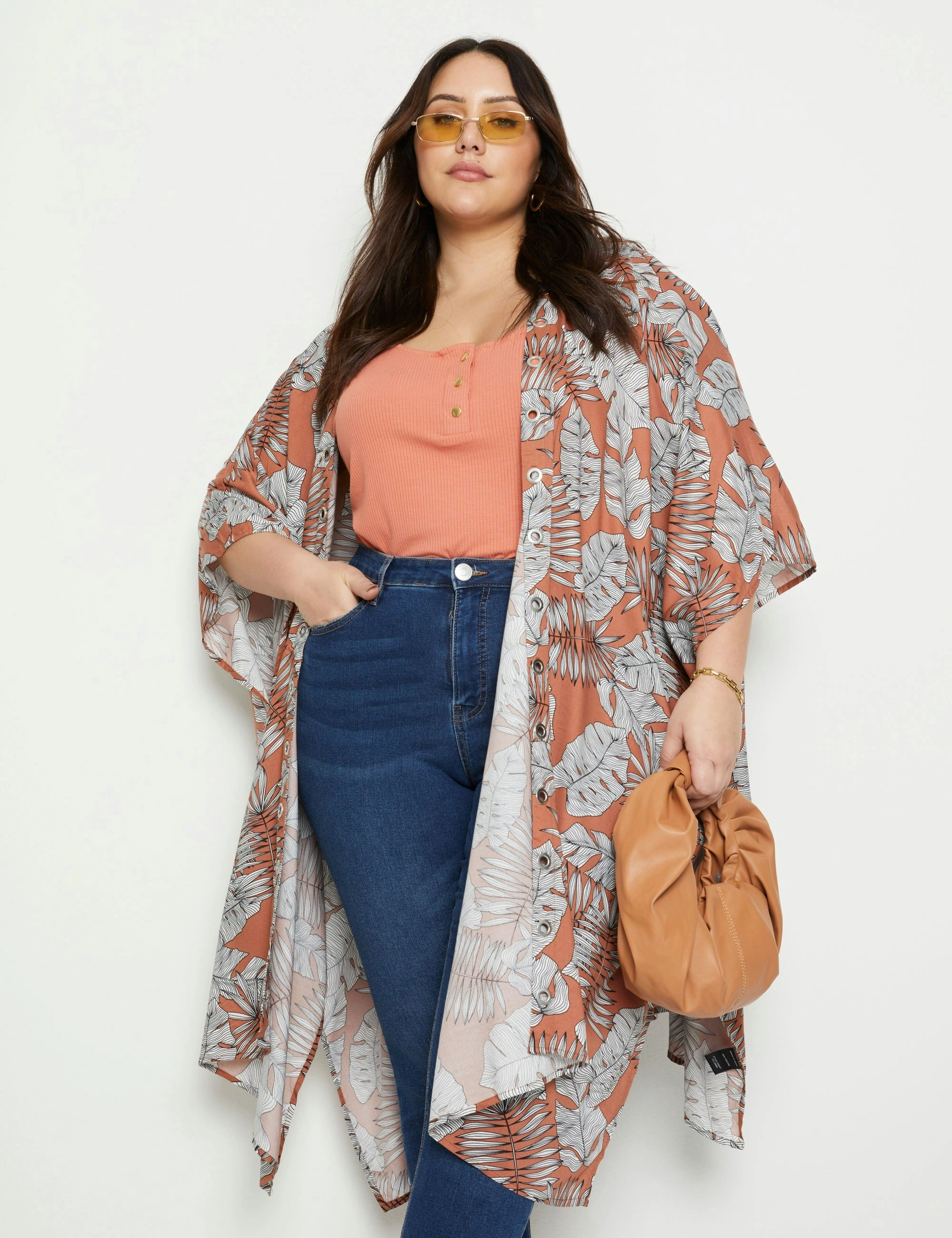 beme Extended Sleeve Longline Kimono (Maple Palm)