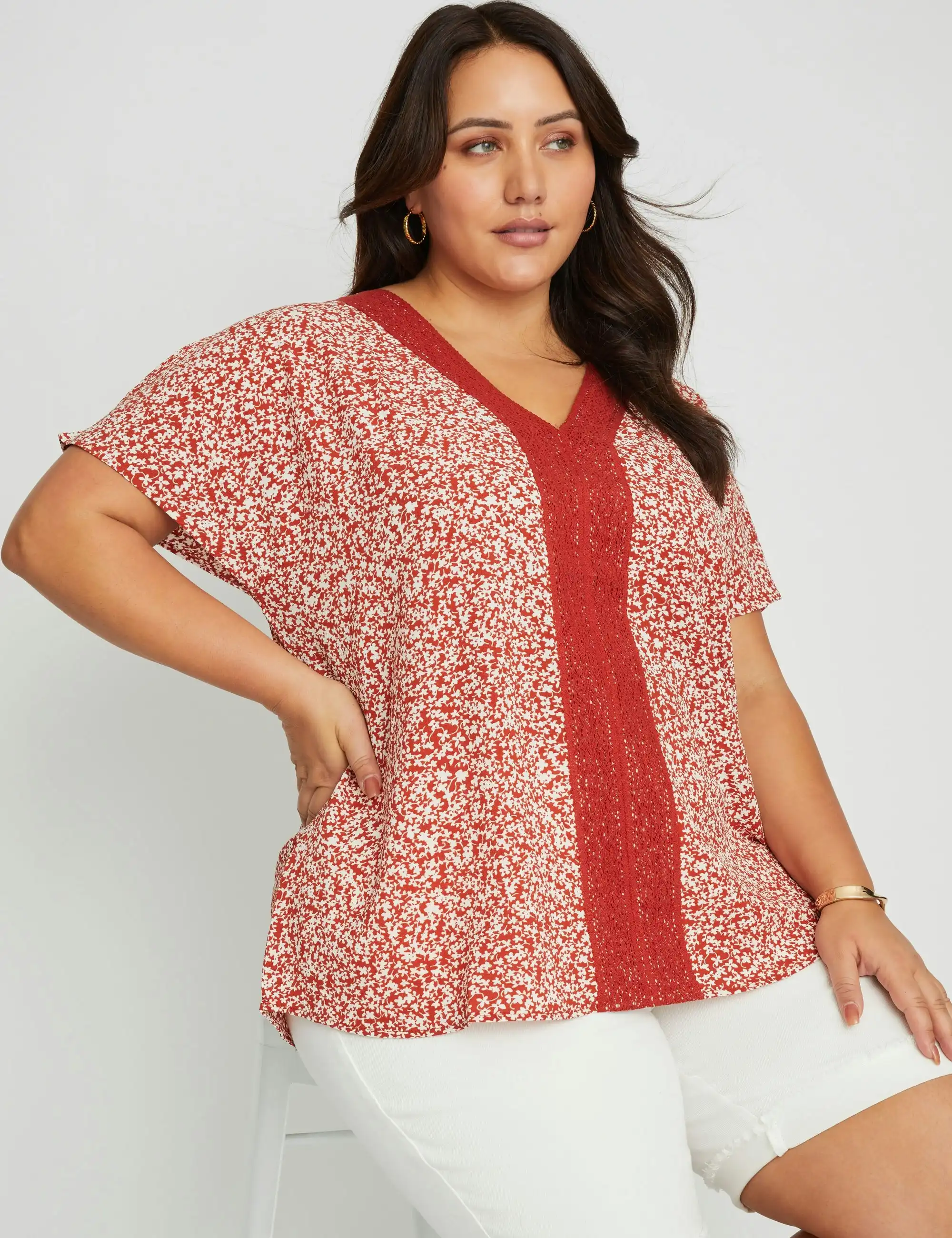 beme Peplum Flutter Sleeve Top (Rust Floral)